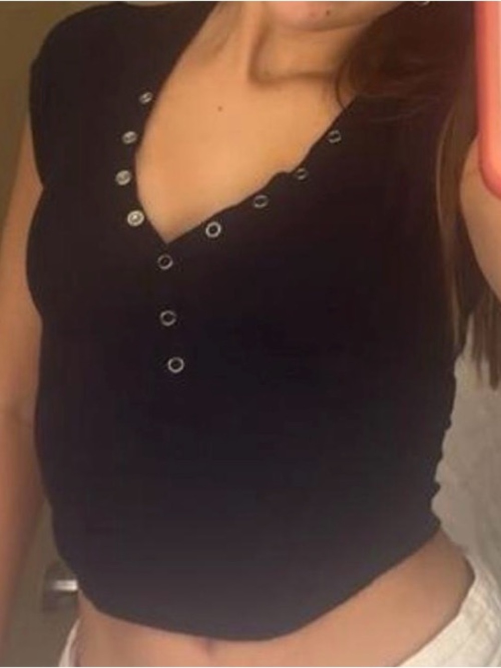 Garage Black V-Neck Snap-Accent Crop Top